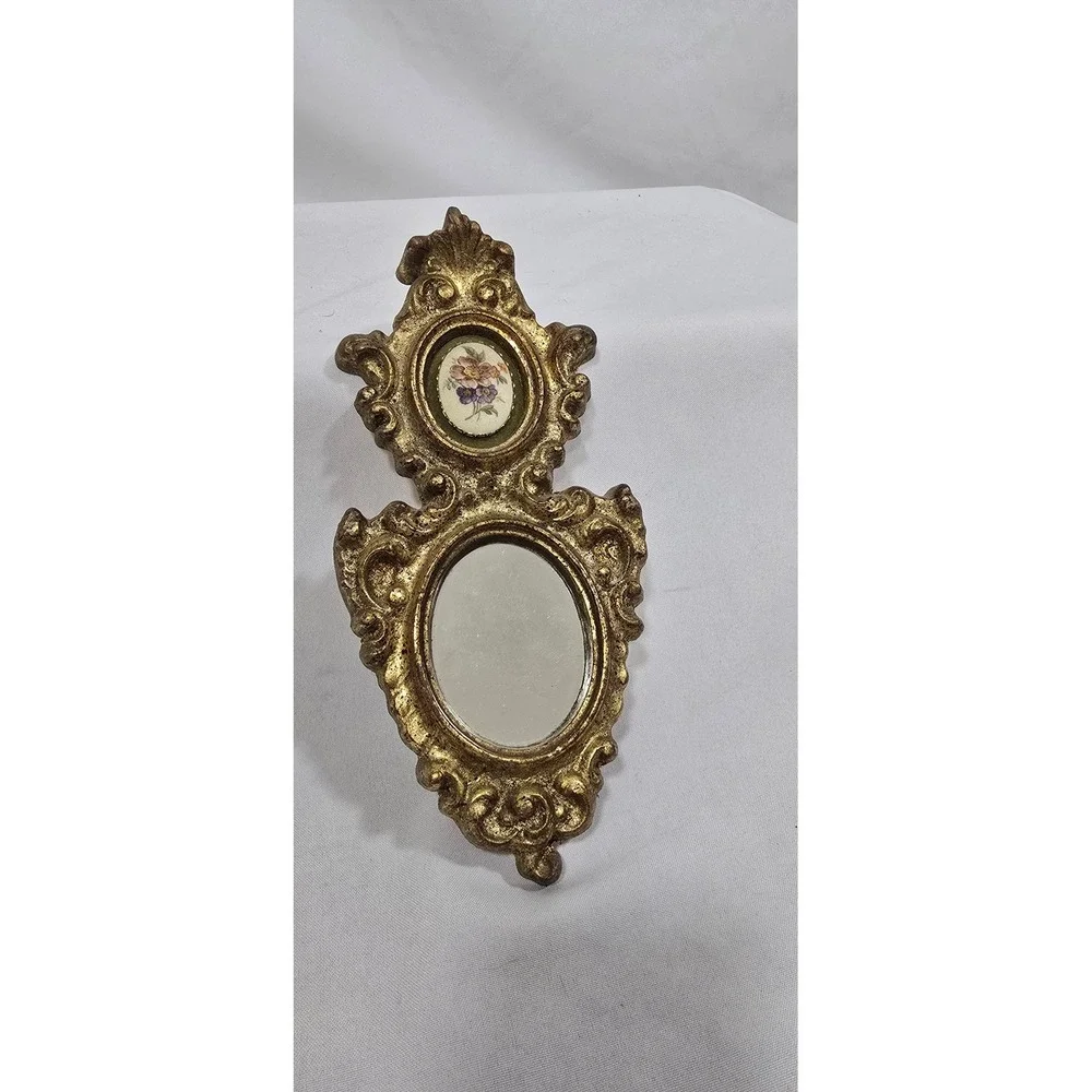 Vintage 1950s E.A. Riba wall plaque gold frame floral beaded glass cameo mirror
